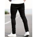 Slim Fit Cotton Jeans, Men's Casual Solid Color Mid Stretch Denim Pants For Spring Summer